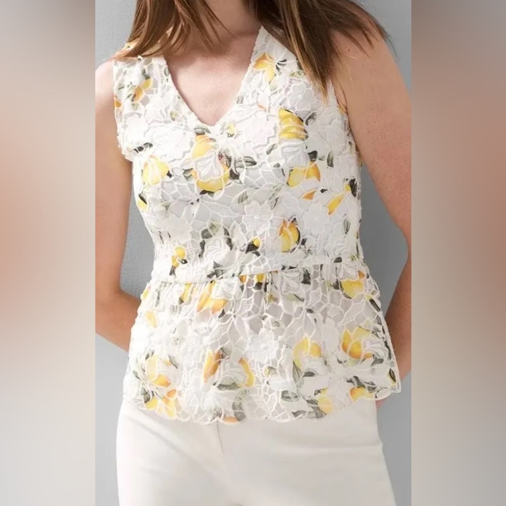 White House Black Market Size 8 Lace Ruffled Lemon Print Summer Tank Peplum